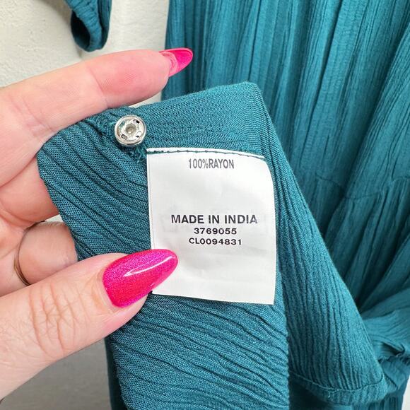 eShakti Wayward Fancies Rayon Crinkle Corset Style Teal Long Sleeve Midi Dress L - Picture 8 of 14